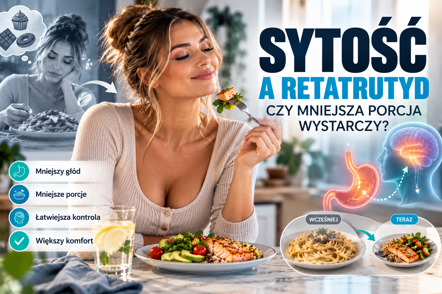 Retatrutyd (Retatrutide) a sytość – kobieta przy mniejszej porcji obiadu i uczucie najedzenia