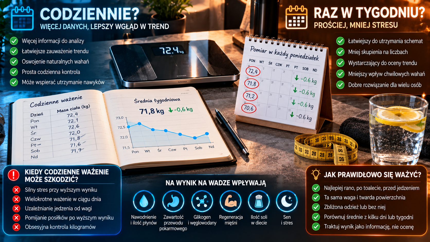Infografika przedstawiająca zastój wagi podczas odchudzania, wykres masy ciała, przyczyny stagnacji oraz wskazówki dotyczące dalszej redukcji.