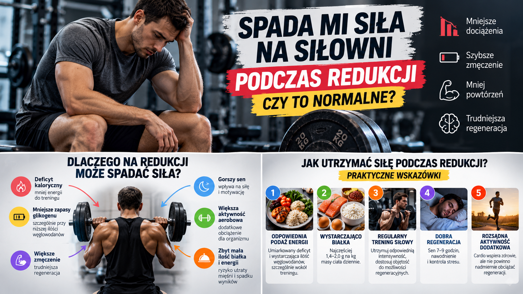 Infografika przedstawiająca zmęczonego mężczyznę na siłowni, przyczyny spadku siły podczas redukcji oraz pięć sposobów na utrzymanie wyników treningowych.