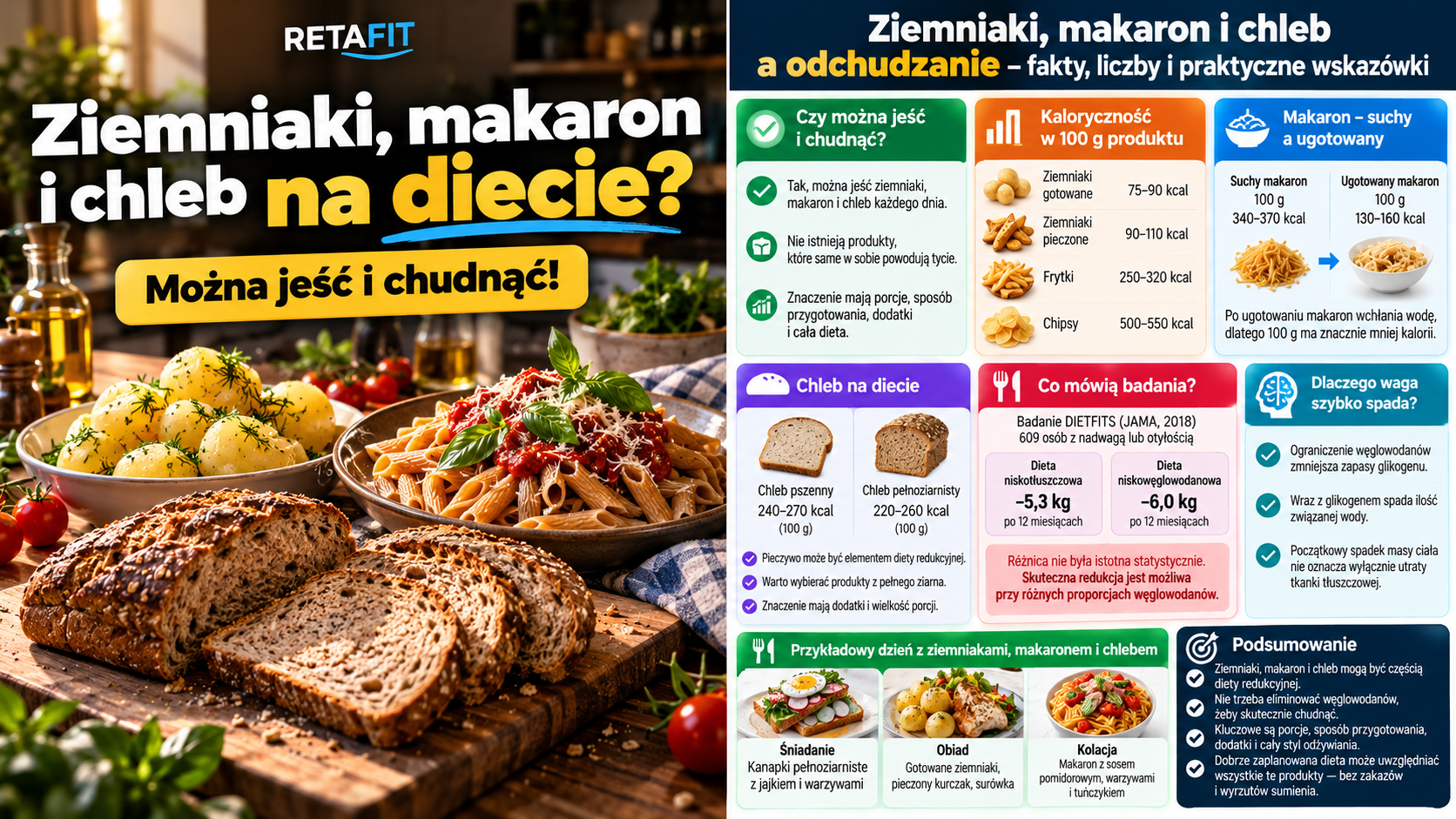 Porównanie kaloryczności ziemniaków, ugotowanego makaronu i chleba oraz zasady komponowania posiłków na diecie