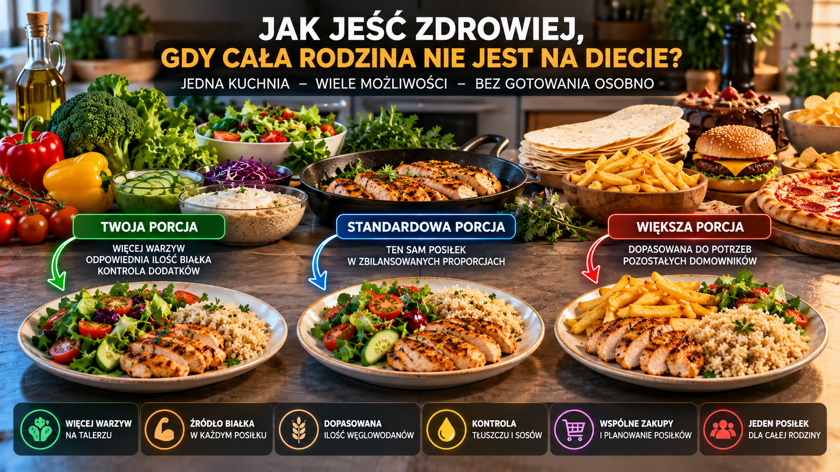 Trzy różne porcje wspólnego rodzinnego obiadu z kurczakiem, ryżem i warzywami, pokazujące jak jeść zdrowiej bez gotowania osobno.