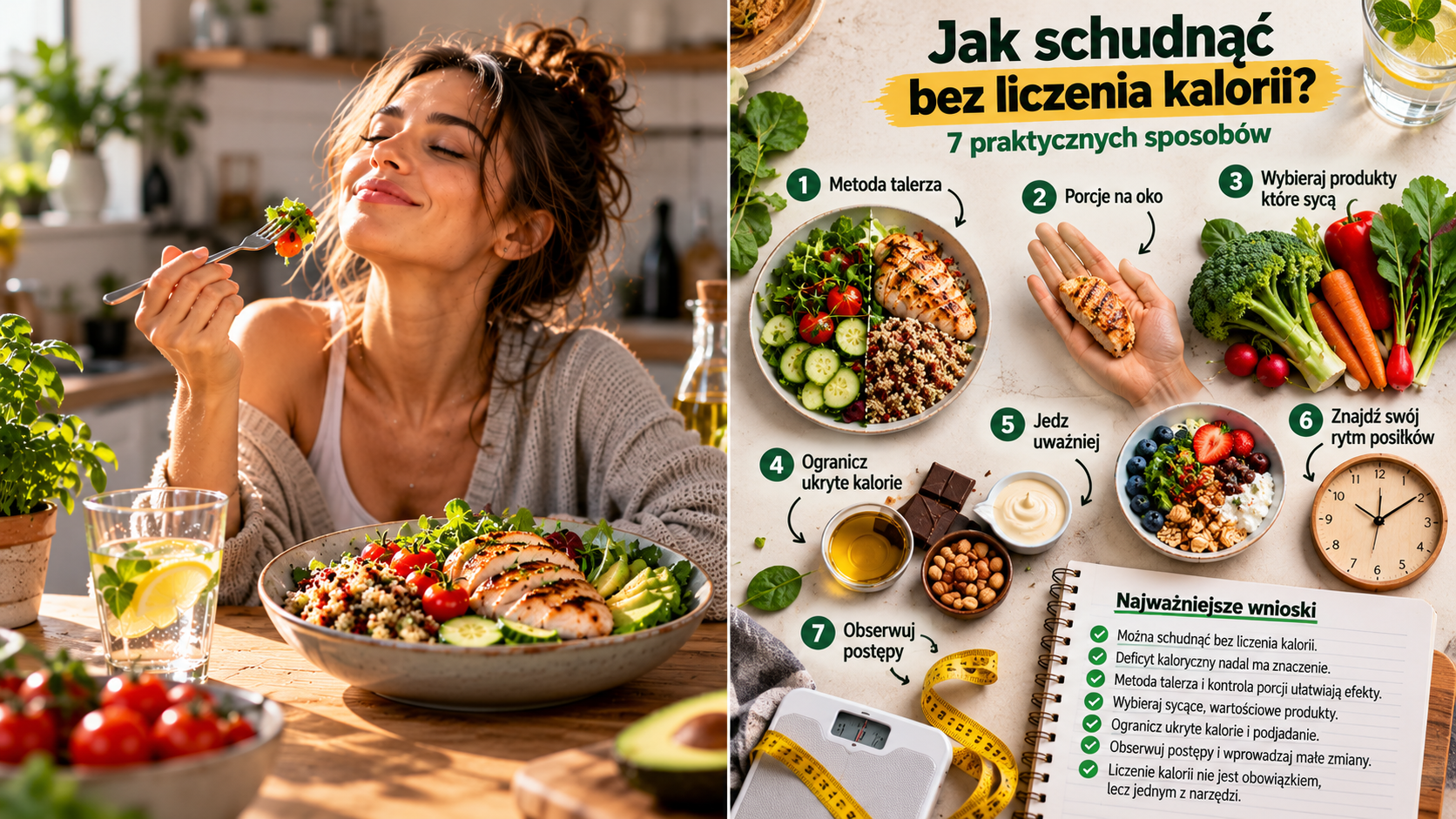 Jak schudnąć bez liczenia kalorii – infografika z siedmioma praktycznymi sposobami kontrolowania jedzenia