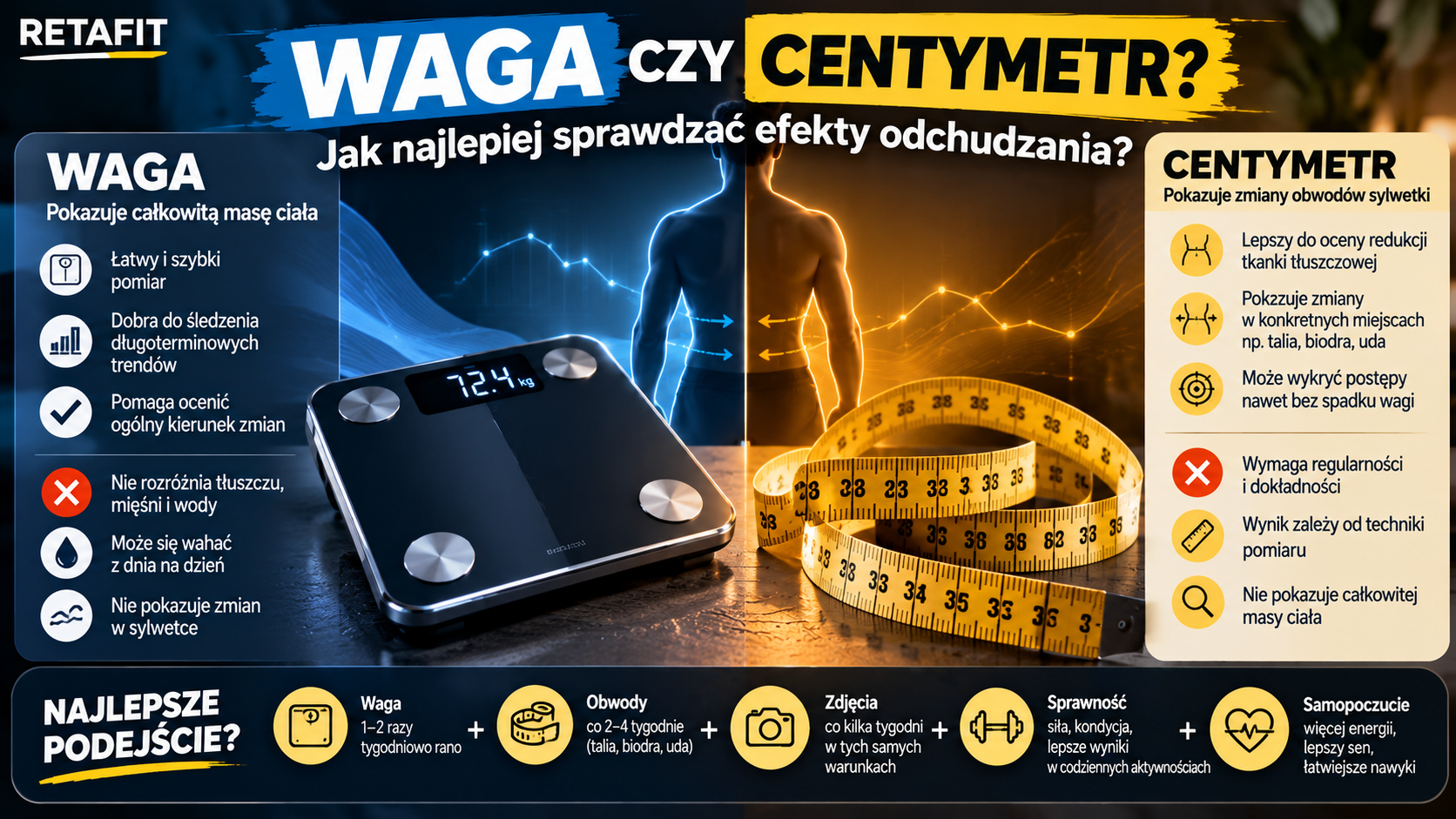 Infografika porównująca wagę łazienkową i centymetr krawiecki podczas monitorowania efektów odchudzania