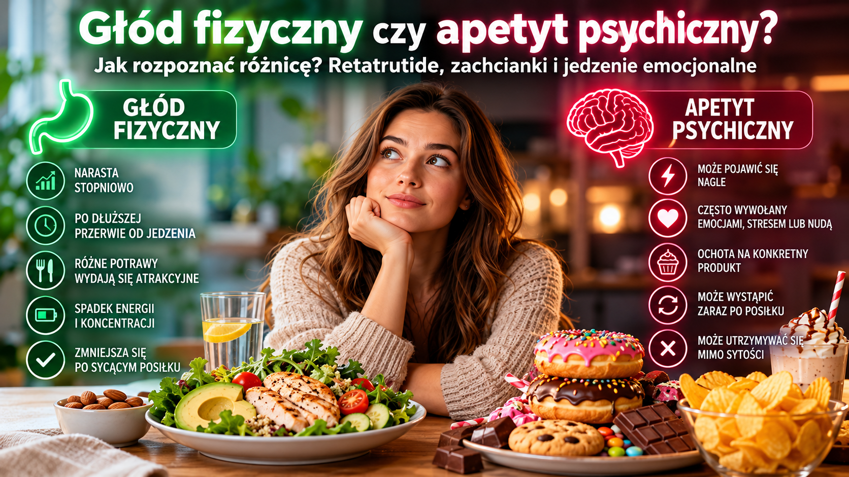 Głód fizyczny a apetyt psychiczny – porównanie sygnałów organizmu, zdrowego posiłku i ochoty na słodycze.