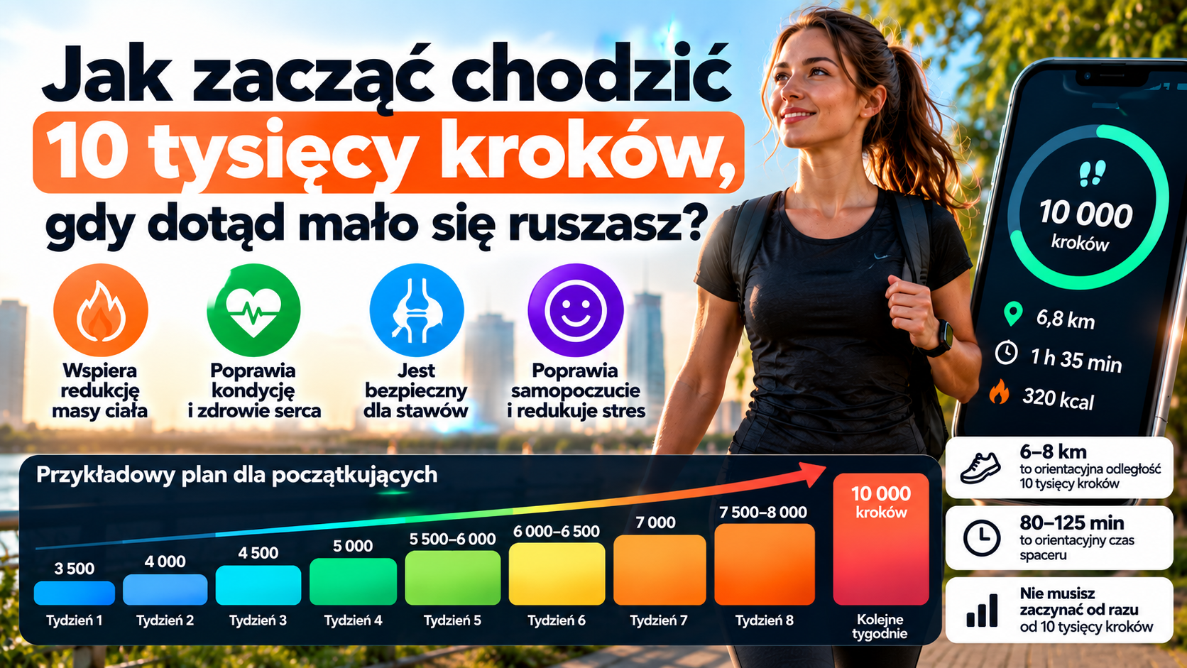 Jak zacząć chodzić 10 tysięcy kroków dziennie – kobieta podczas spaceru, korzyści zdrowotne chodzenia i plan zwiększania liczby kroków.