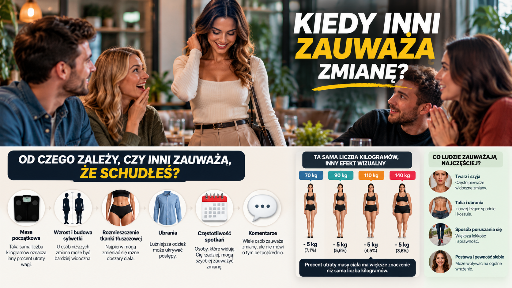 Kobieta spotykająca się ze znajomymi, którzy zauważają zmianę jej sylwetki po schudnięciu.