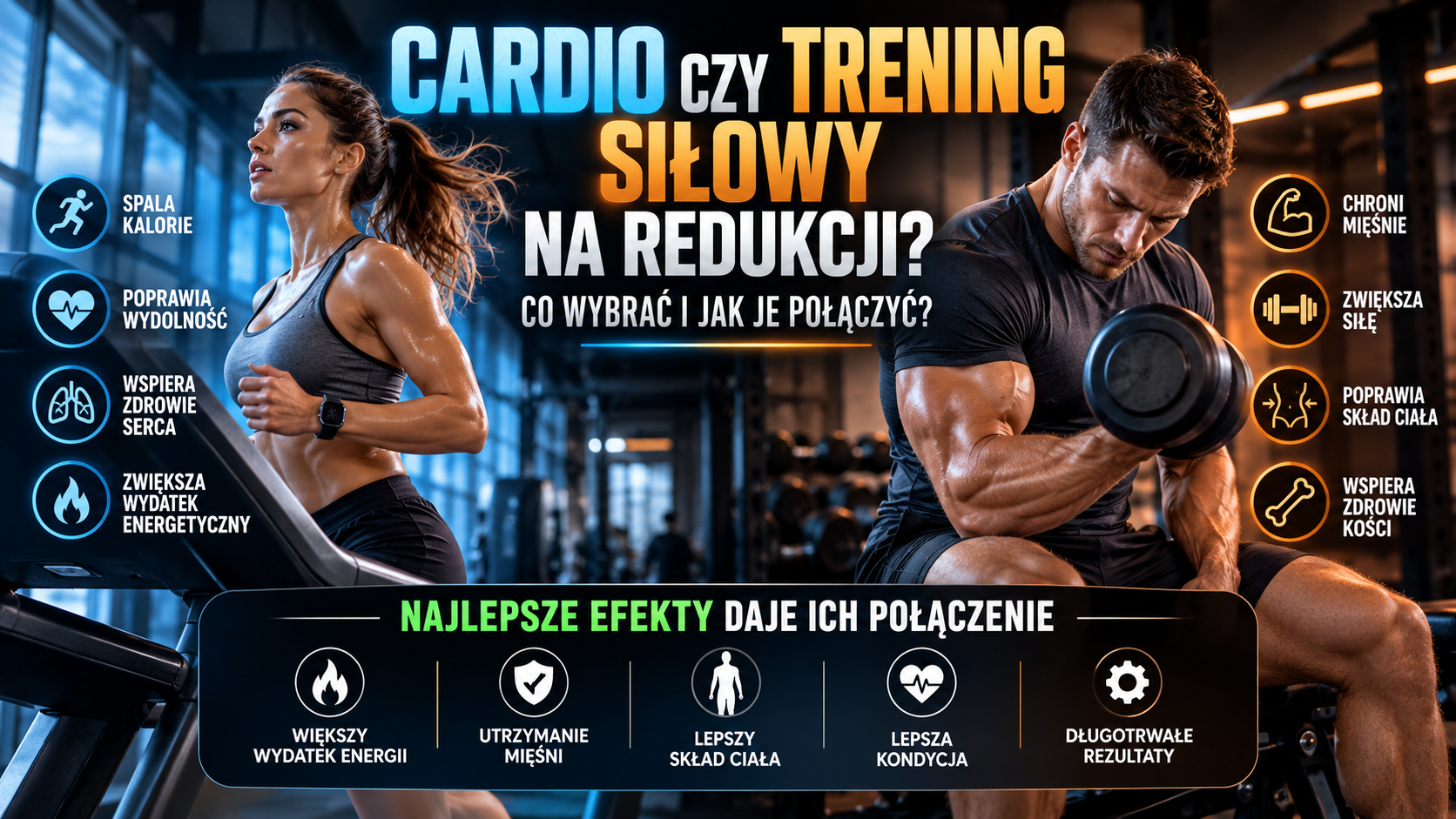 Cardio czy trening siłowy na redukcji – kobieta biegnąca na bieżni i mężczyzna ćwiczący z hantlem. Porównanie korzyści obu treningów.