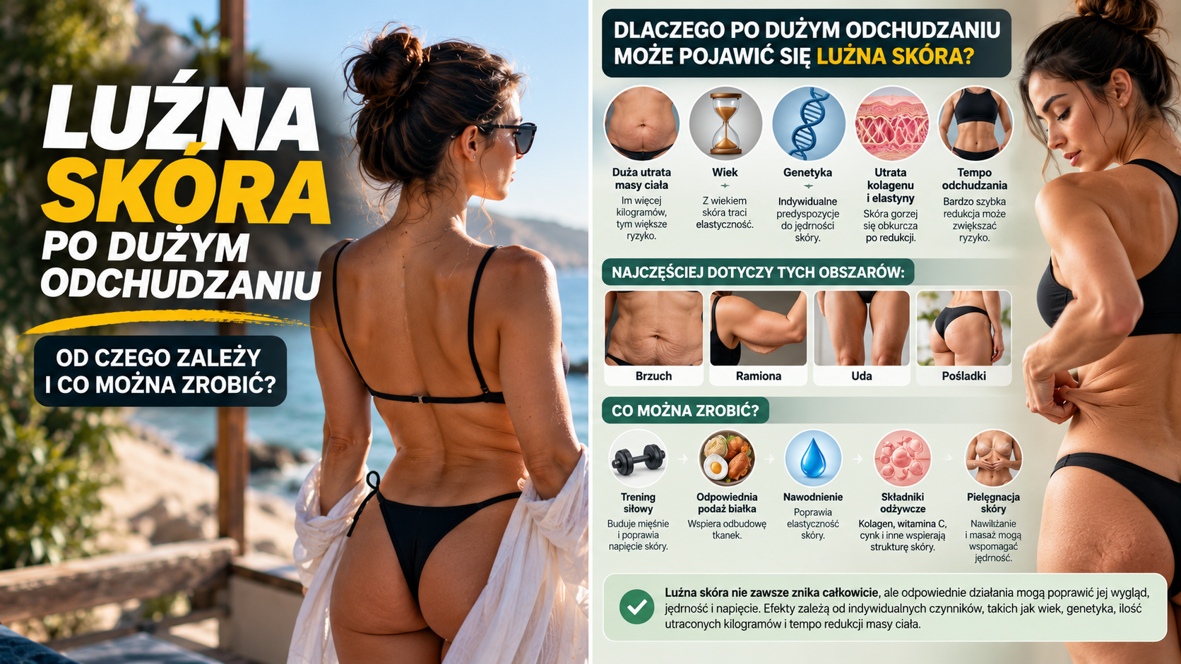 Luźna skóra na brzuchu i sylwetce kobiety po dużej utracie masy ciała