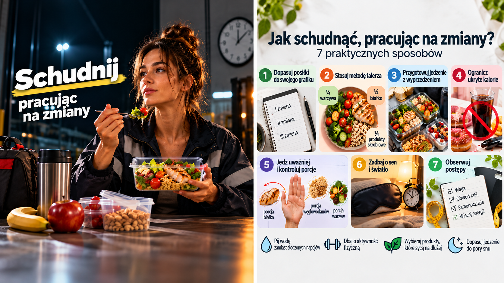 Praca zmianowa a odchudzanie – przygotowane posiłki do pracy i zegar symbolizujący różne godziny zmian