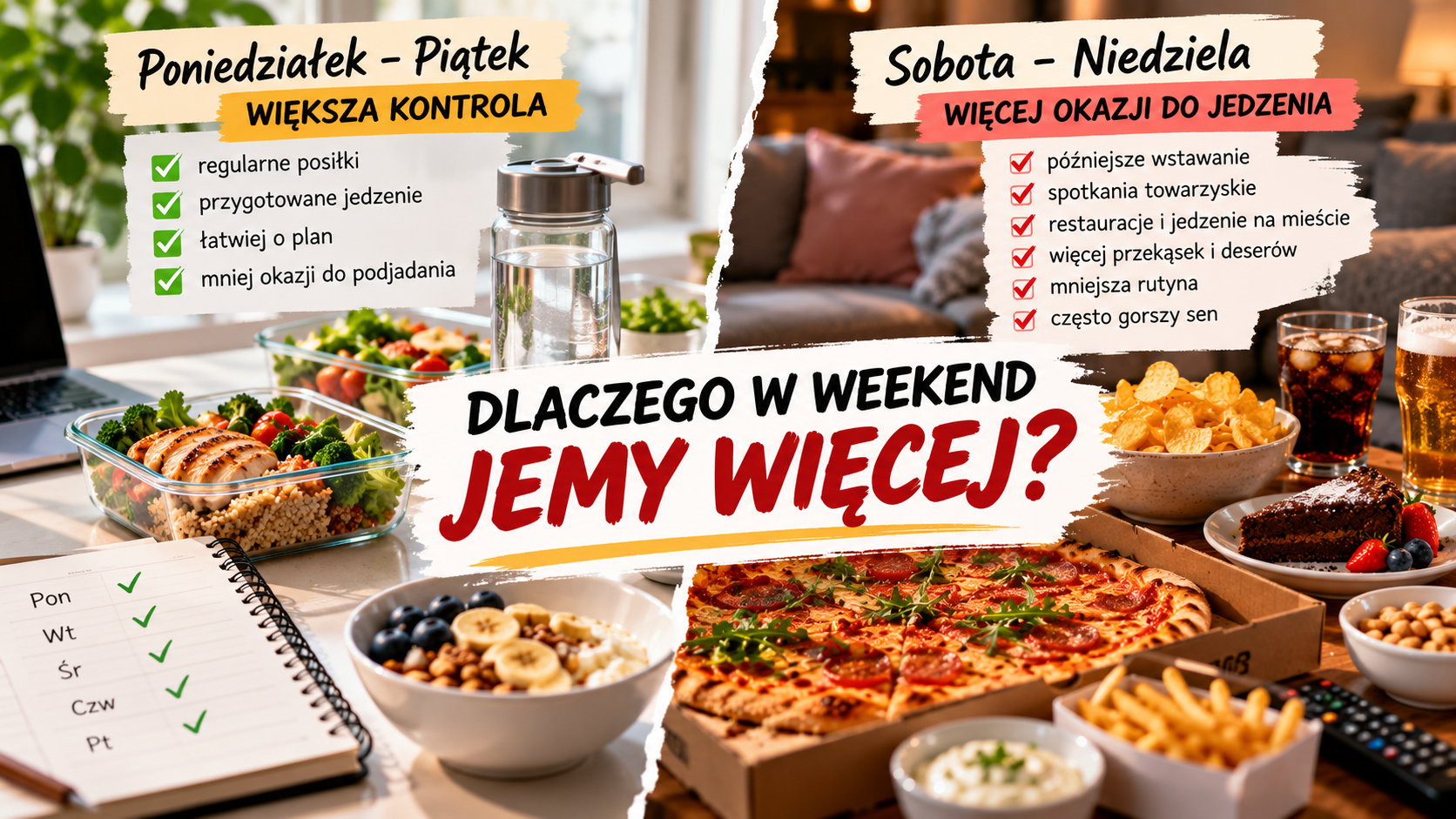 Weekendowy stół z pizzą, chipsami, deserem i napojem oraz kalendarzem z zaznaczoną sobotą i niedzielą, ilustrujący większe spożycie jedzenia w weekend podczas odchudzania.