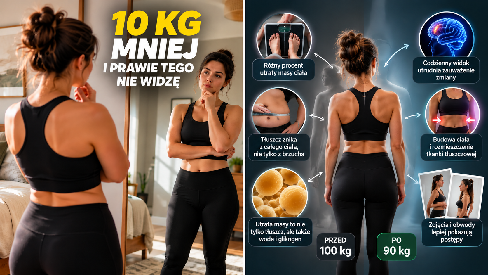 Kobieta patrząca na swoje odbicie w lustrze i zastanawiająca się nad zmianami sylwetki po schudnięciu 10 kg