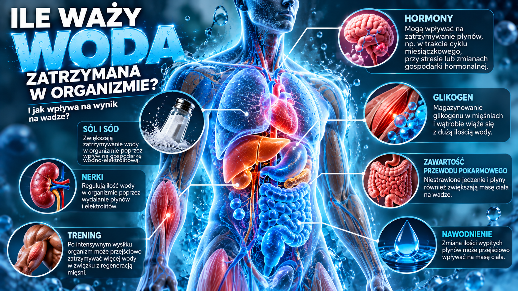 Infografika anatomiczna przedstawiająca przyczyny zatrzymywania wody w organizmie, w tym wpływ sodu, hormonów, glikogenu, nerek i treningu.