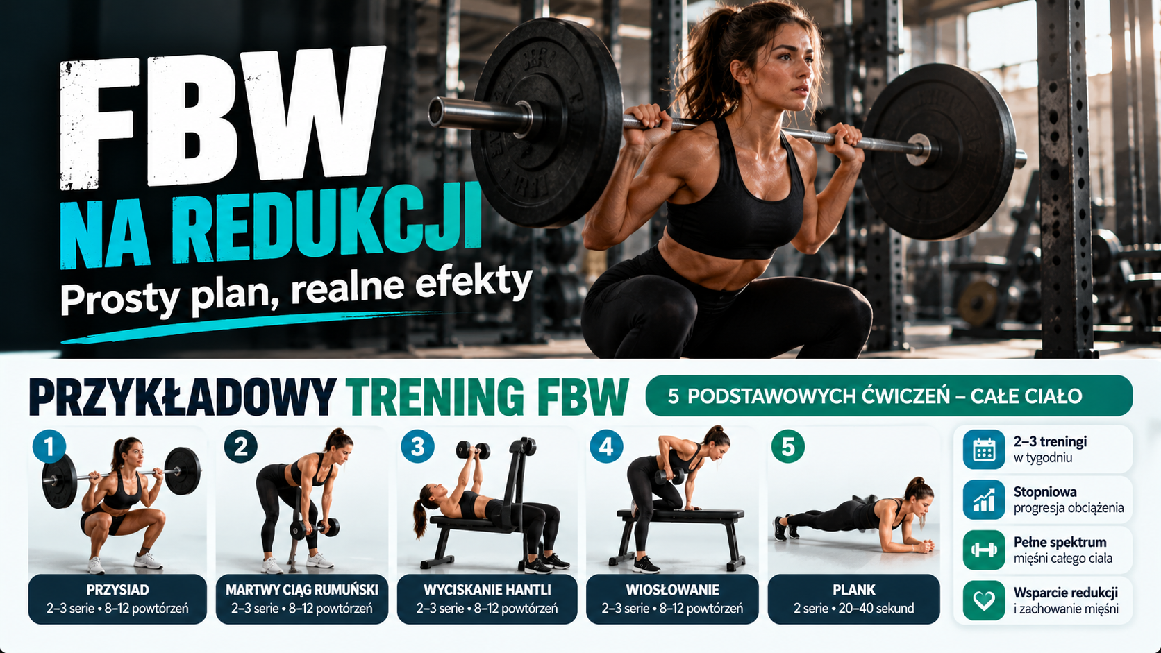 Trening FBW na redukcji – kobieta wykonująca przysiad ze sztangą oraz przykładowy plan pięciu ćwiczeń całego ciała.