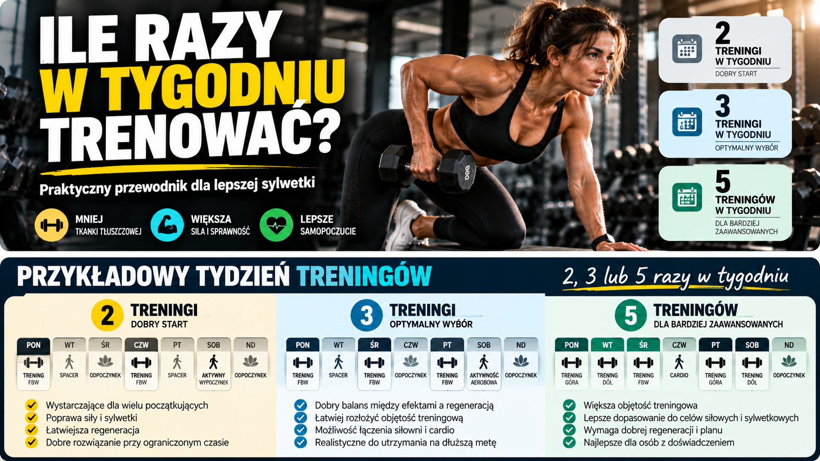 Kobieta wykonująca wiosłowanie hantlem na siłowni – ile razy w tygodniu trenować, aby poprawić sylwetkę.
