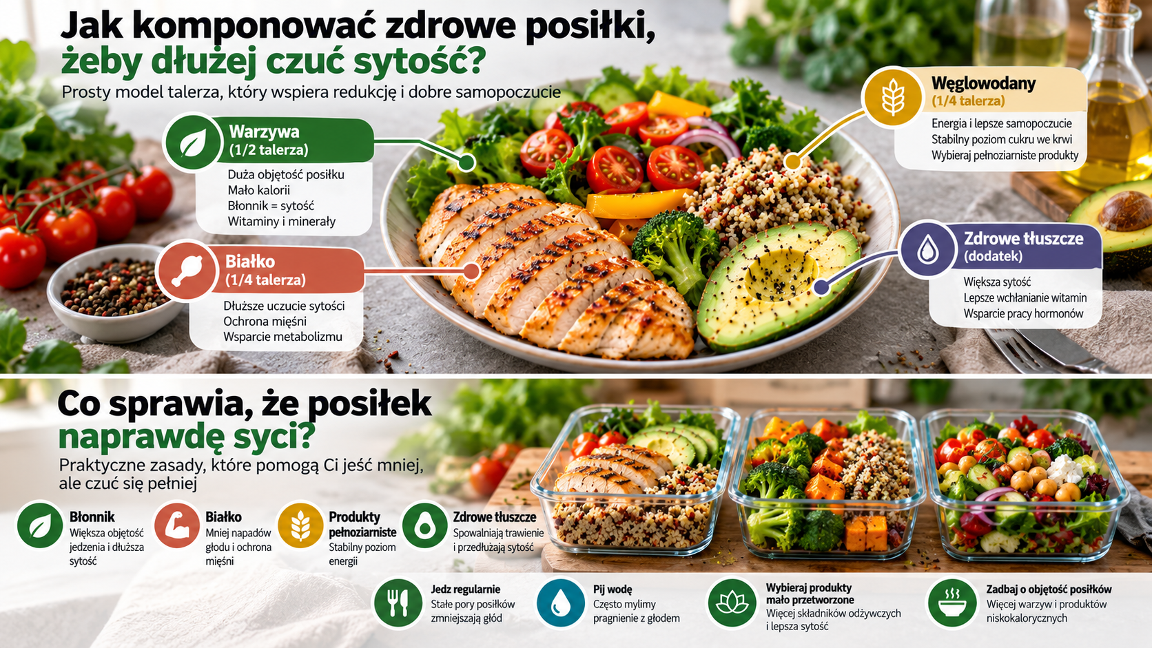 Jak komponować zdrowe i sycące posiłki – infografika przedstawiająca białko, warzywa, węglowodany i zdrowe tłuszcze na talerzu.