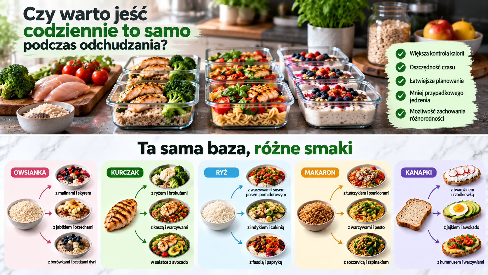 Powtarzalne posiłki podczas odchudzania – przykłady różnych dań z owsianki, kurczaka, ryżu, makaronu i kanapek.