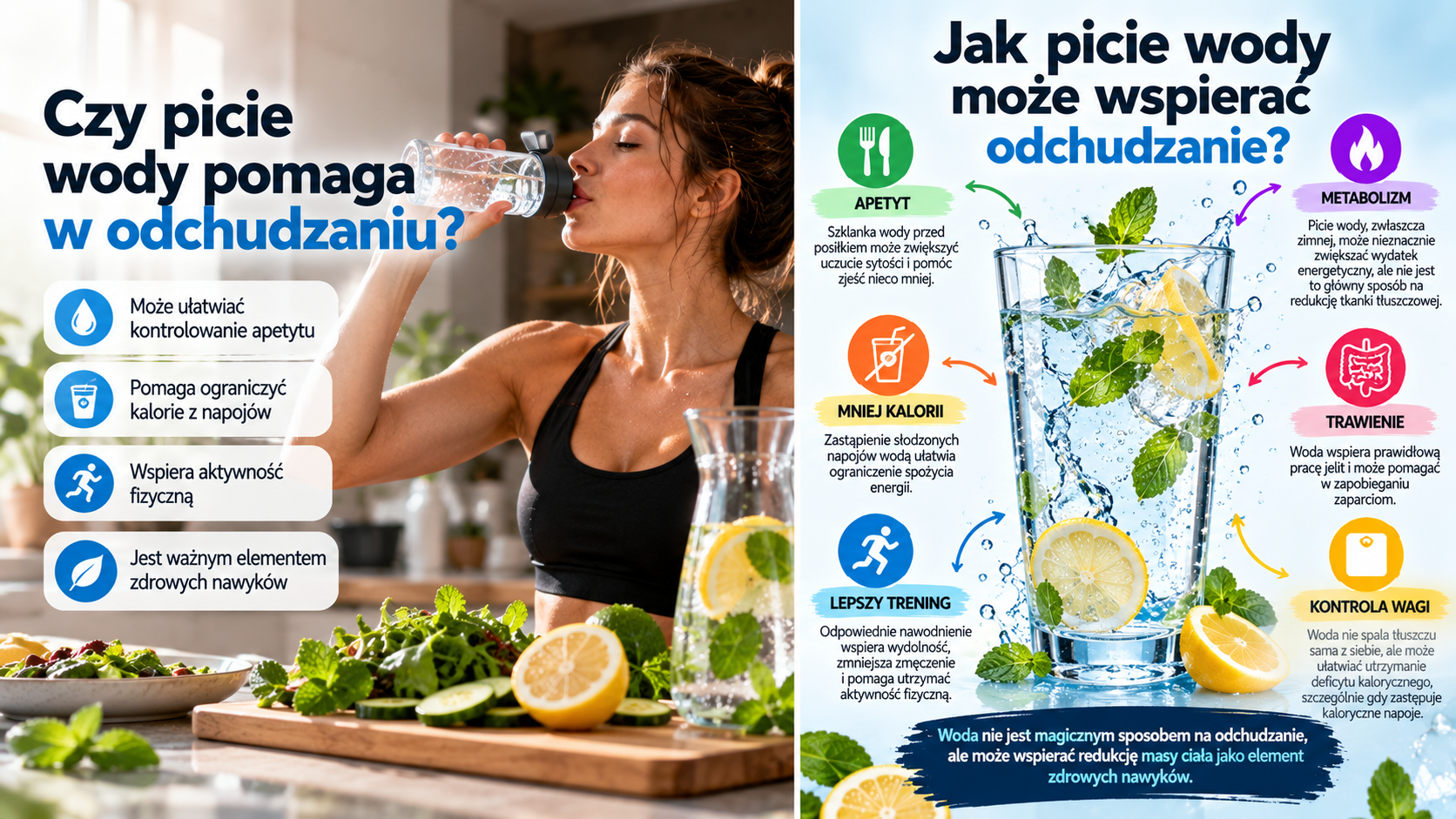 Infografika przedstawiająca wpływ picia wody na odchudzanie, apetyt, kontrolę kalorii i wydolność podczas treningu.
