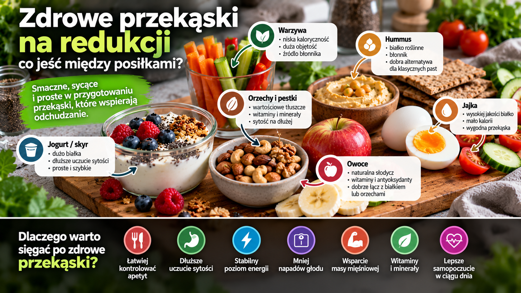 Czy można podjadać i nadal skutecznie chudnąć? Poznaj 12 prostych, zdrowych przekąsek na redukcji, które pomagają zaspokoić głód między posiłkami. Sprawdź ich orientacyjną kaloryczność, dowiedz się, na co uważać podczas zakupów i jak unikać nieświadomego podjadania.