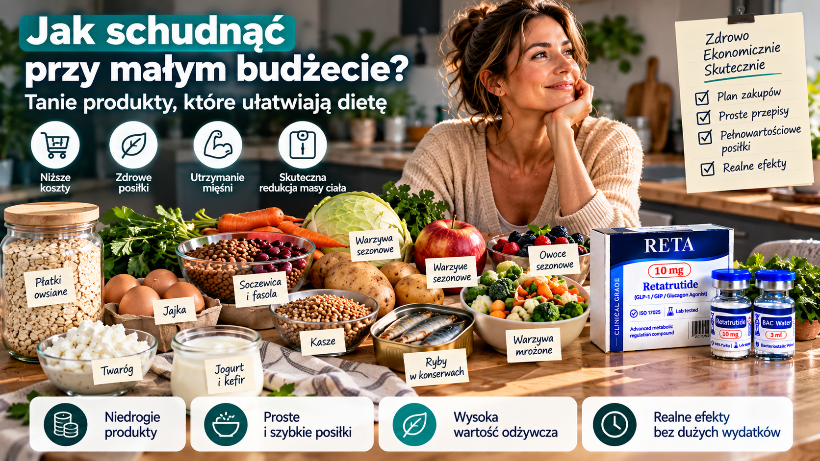 Jak schudnąć przy małym budżecie – tanie produkty na diecie redukcyjnej, warzywa, jajka, twaróg, płatki owsiane i Retatrutide.