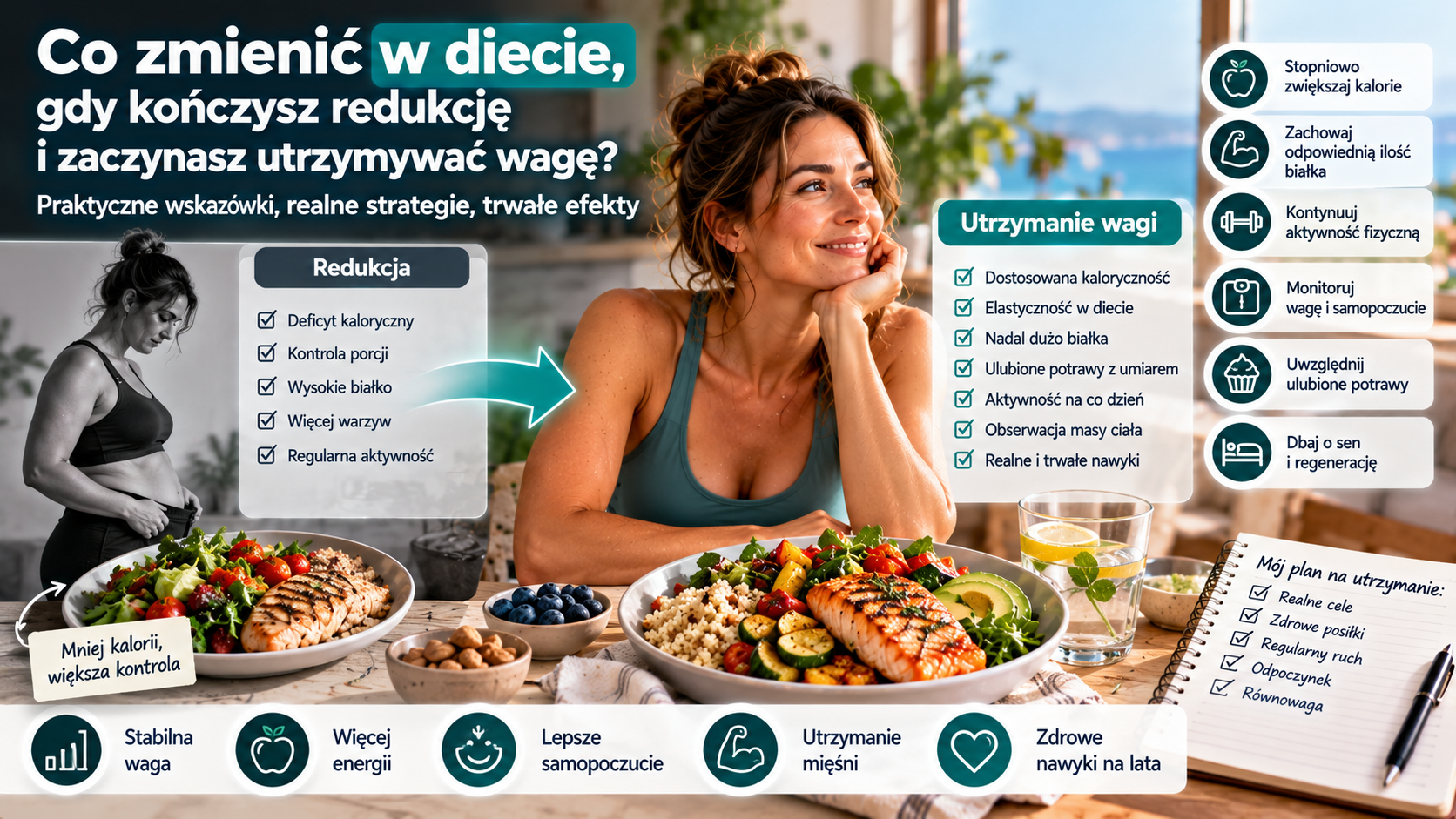 Jak utrzymać wagę po redukcji – porównanie odchudzania i stabilizacji masy ciała, zdrowe posiłki, zwiększanie kalorii oraz aktywność fizyczna.