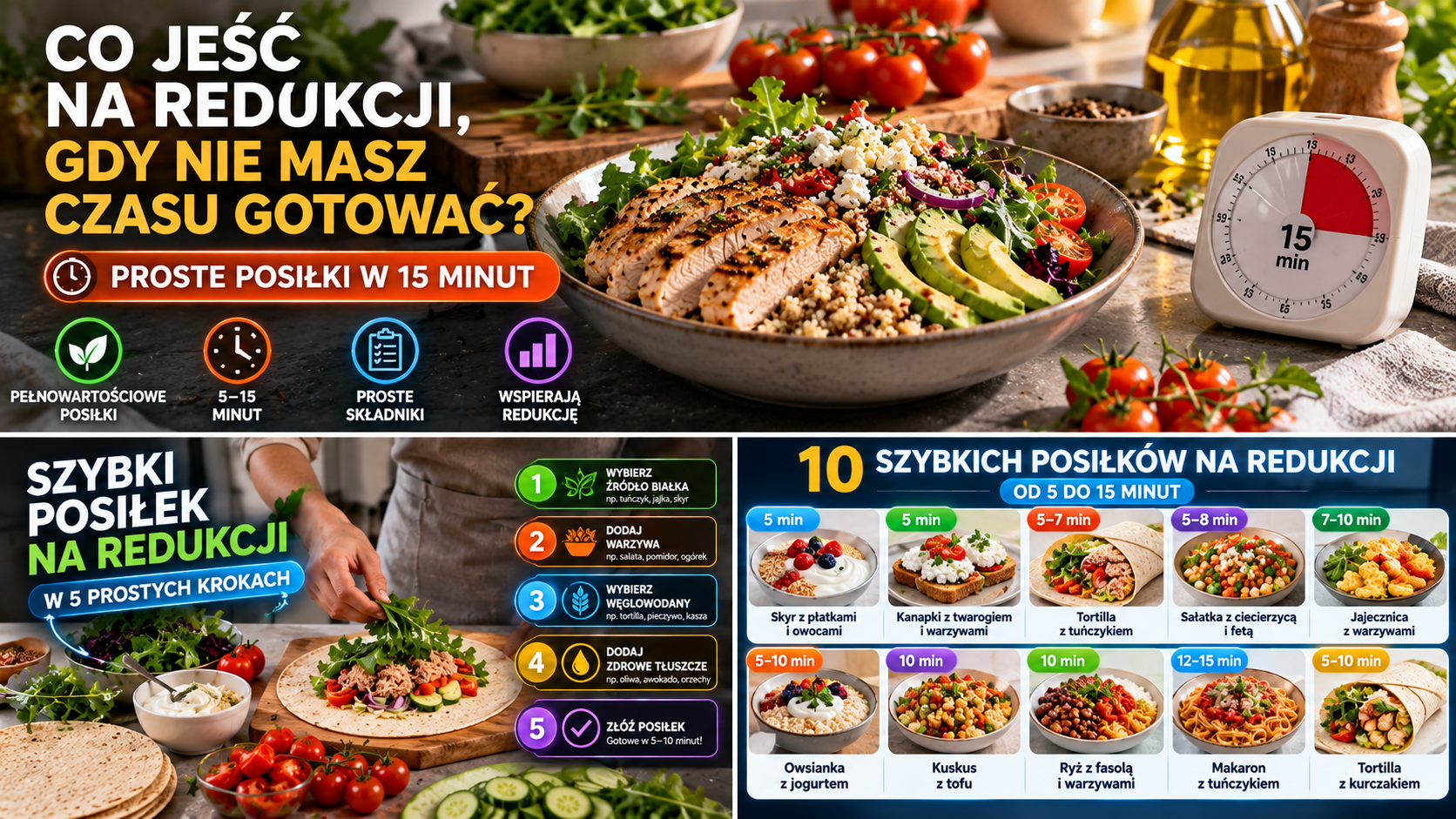 Infografika przedstawiająca szybkie posiłki na redukcji, zdrową miskę z kurczakiem i warzywami, przygotowanie tortilli oraz 10 propozycji dań gotowych w 5–15 minut.