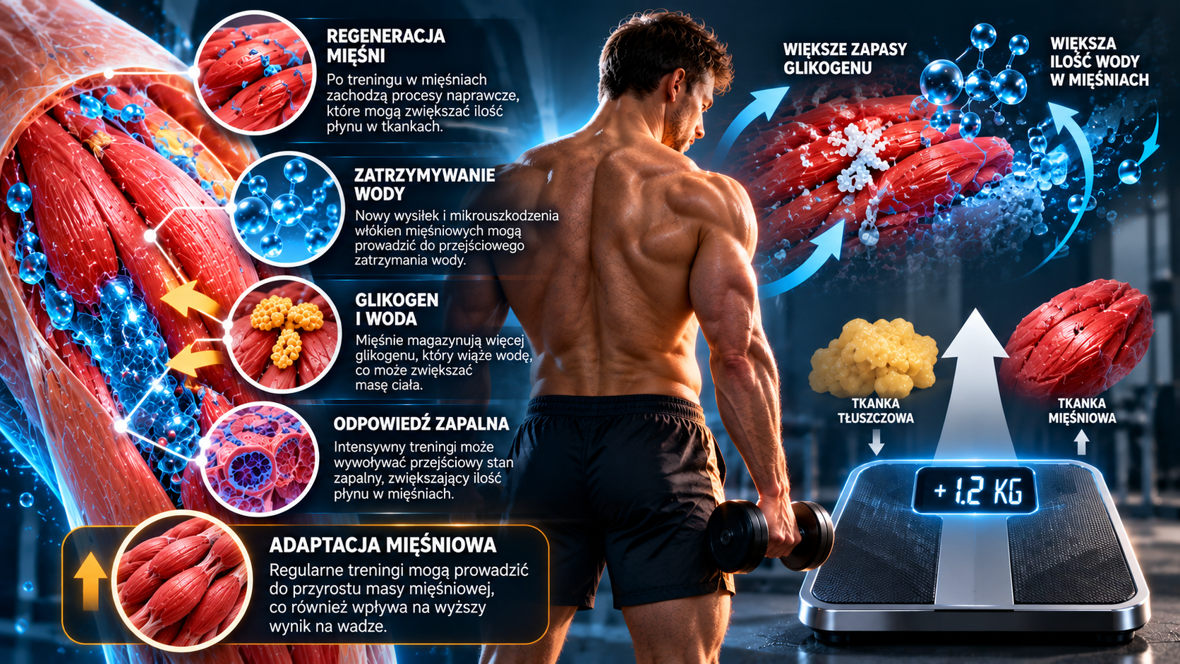 Infografika przedstawiająca regenerację mięśni, zatrzymywanie wody, glikogen i przyrost masy mięśniowej jako przyczyny wzrostu wagi po rozpoczęciu treningów.