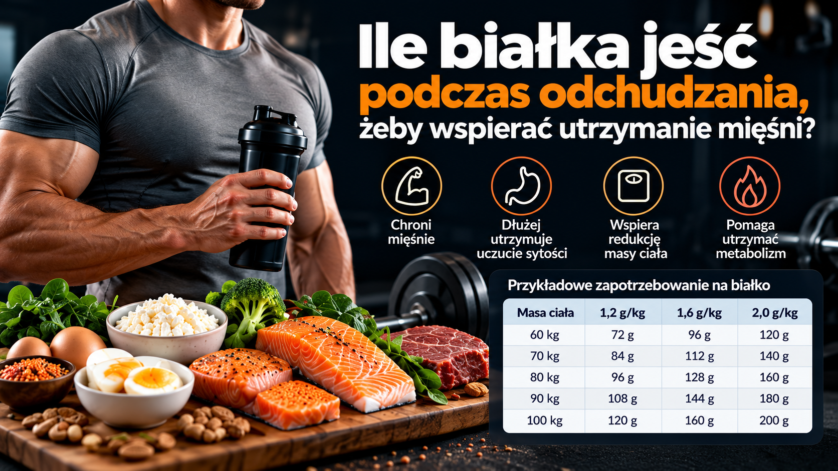 Ile białka jeść podczas odchudzania – mężczyzna o umięśnionej sylwetce, produkty bogate w białko i tabela dziennego zapotrzebowania.